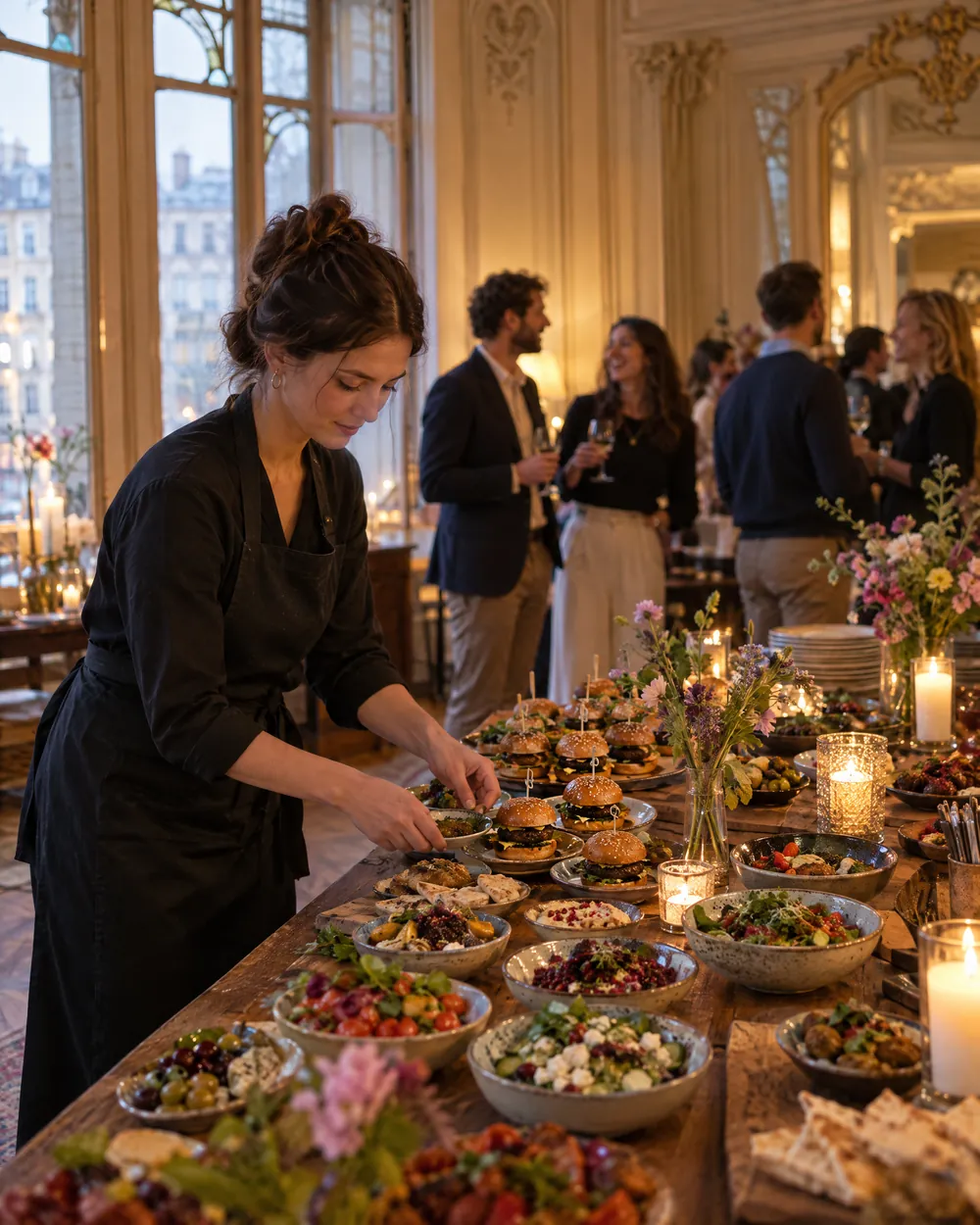 A caterer sets out a walking dinner in a townhouse salon: mini burgers, salads, candles, and guests chatting in the background