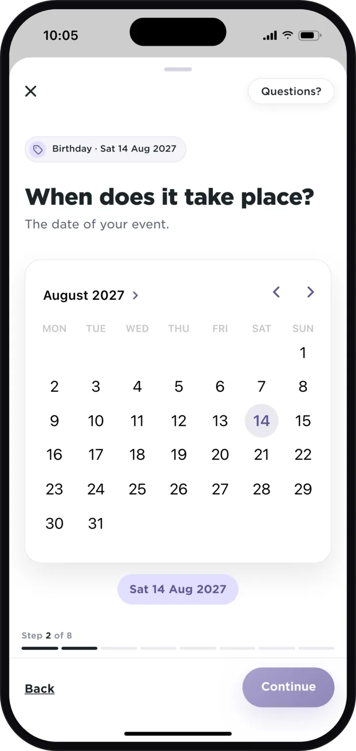 Date screen of the Plaany app: August 2027 calendar, Saturday 14 selected