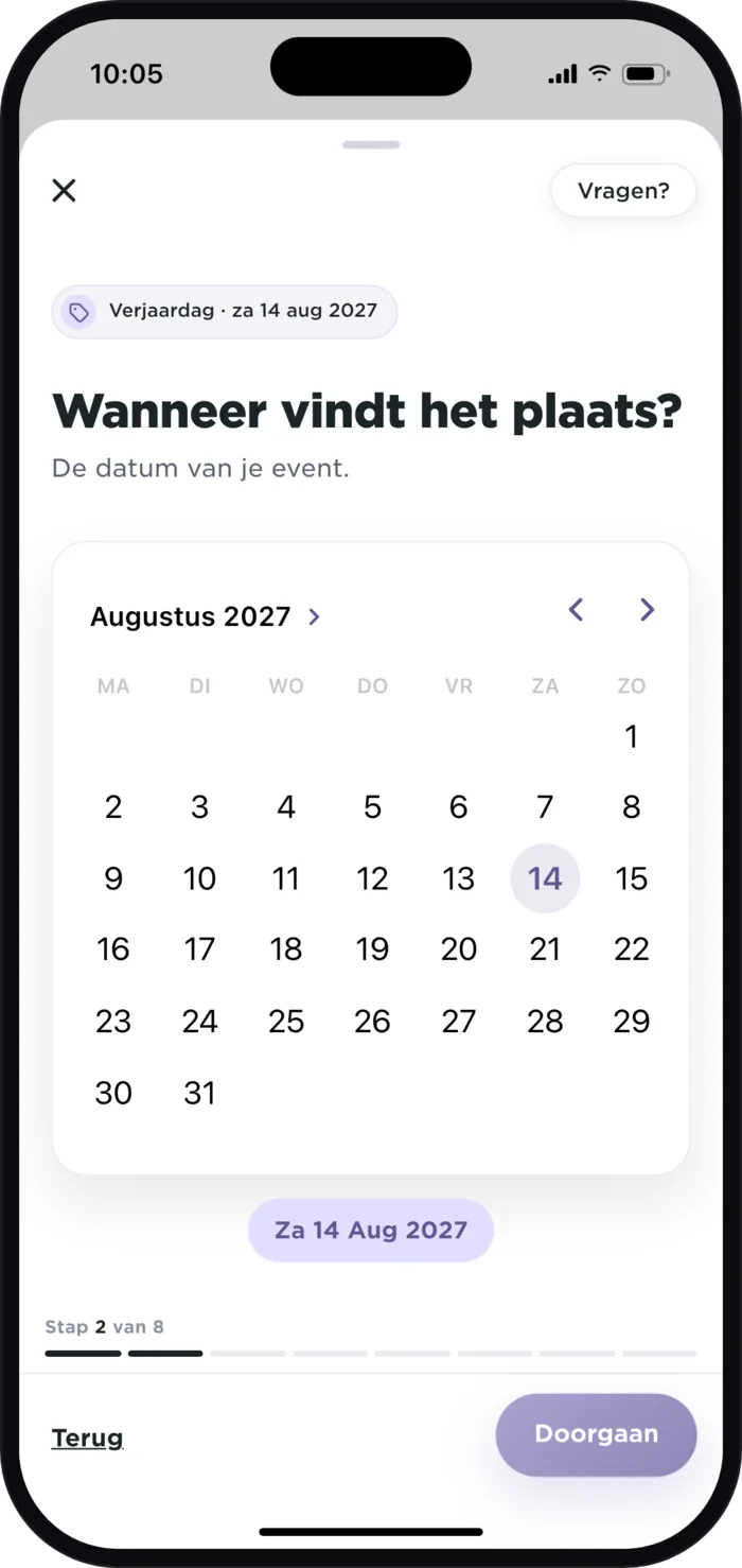 Datumscherm van de Plaany-app: kalender van augustus 2027, zaterdag 14 gekozen