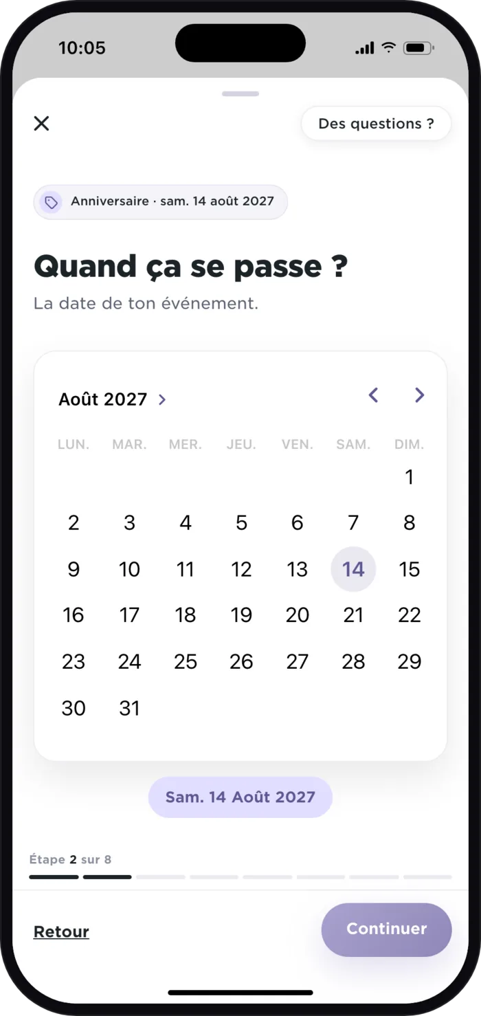 Écran « Quand ça se passe ? » de l’app Plaany : calendrier d’août 2027, samedi 14 choisi