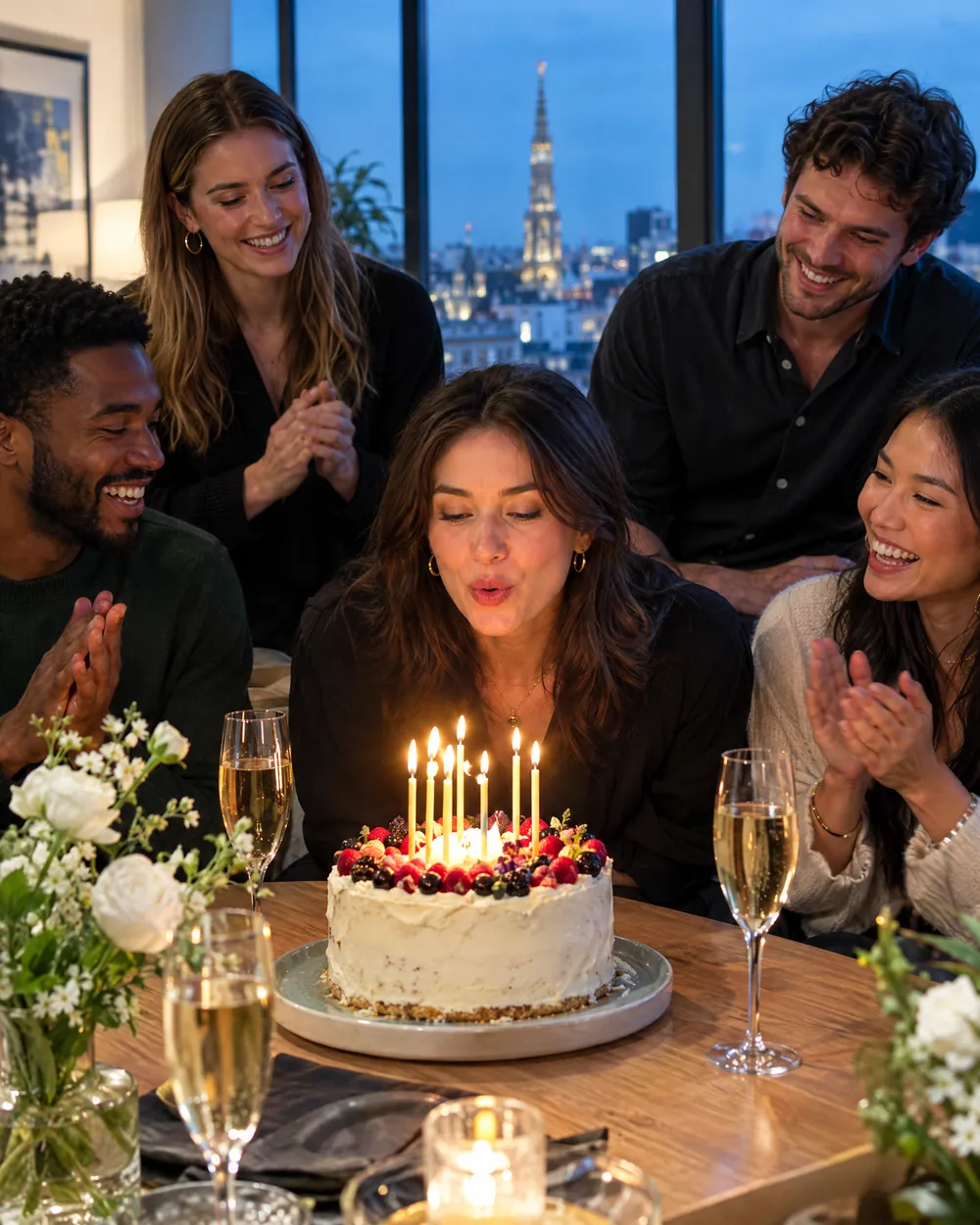 She blows out the candles on her birthday cake surrounded by friends, the spire of Brussels City Hall in the window