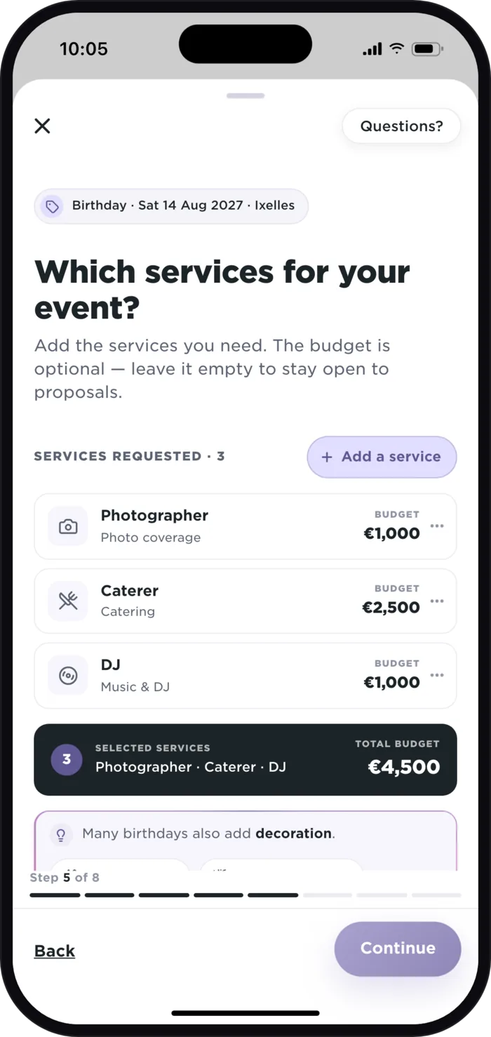 Offers received for “Camille’s 30th” in the Plaany app: Studio Lumière, photographer, €850, and DJ Marco, €950, each under its budget
