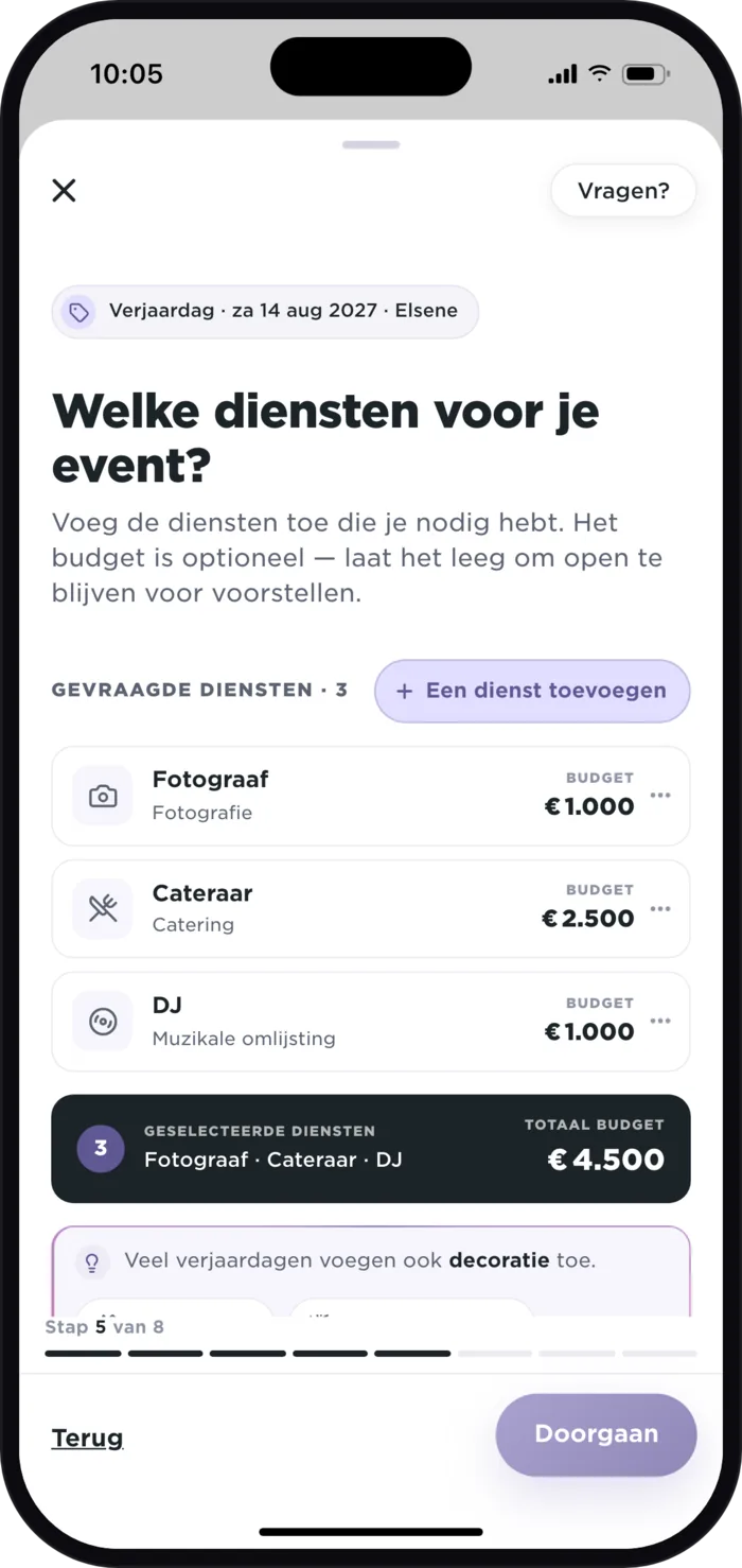 Ontvangen offertes voor ‘De 30ste van Camille’ in de Plaany-app: Studio Lumière, fotograaf, € 850, en DJ Marco, € 950, elk onder hun budget