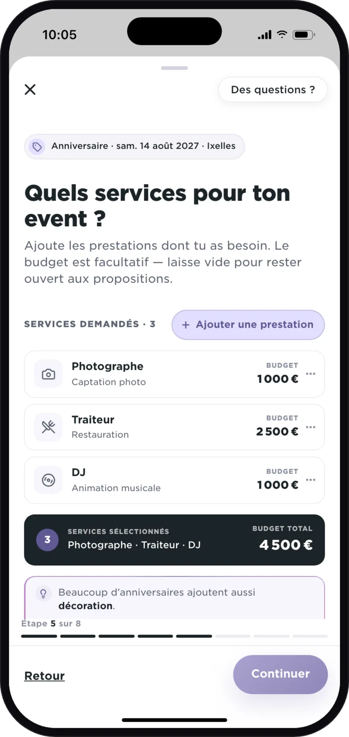 Offres reçues pour « Les 30 ans de Camille » dans l’app Plaany : Studio Lumière, photographe, 850 €, et DJ Marco, 950 €, chacune sous son budget