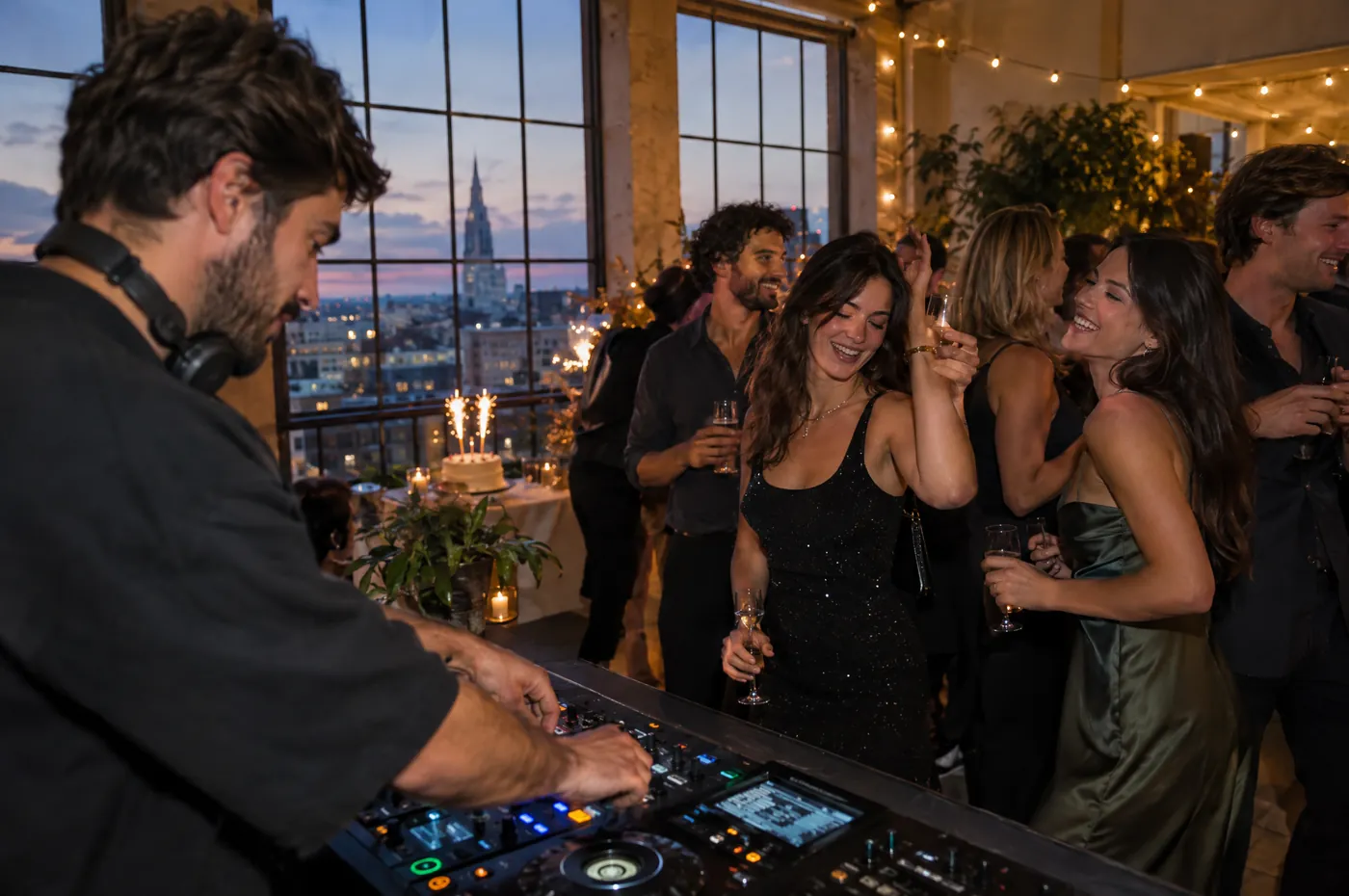 Un DJ aux platines pendant un anniversaire dans un loft, le gâteau aux bougies étincelles devant la fenêtre