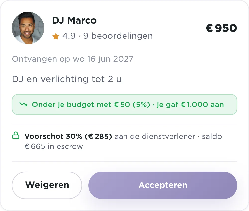 Offerte van DJ Marco in de Plaany-app: € 950, 4,9 op 9 beoordelingen, DJ en verlichting tot 2u, € 50 onder het opgegeven budget, voorschot van 30%