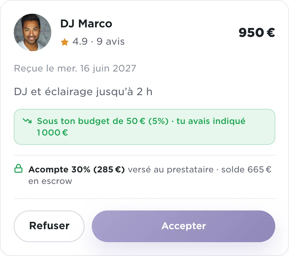 Offre de DJ Marco dans l’app Plaany : 950 €, 4,9 sur 9 avis, DJ et éclairage jusqu’à 2 h, 50 € sous le budget indiqué, acompte de 30 %