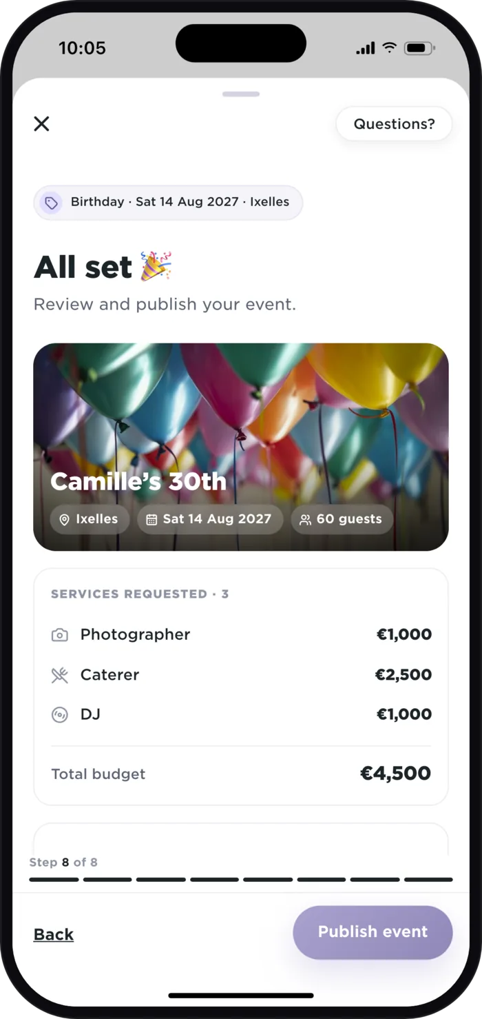Offers received in the Plaany app for “Camille’s 30th”: Nora Beats €780, best price, and DJ Marco €950, top rated