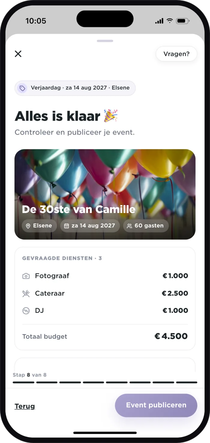 Ontvangen offertes in de Plaany-app voor ‘De 30ste van Camille’: Nora Beats € 780, beste prijs, en DJ Marco € 950, best beoordeeld