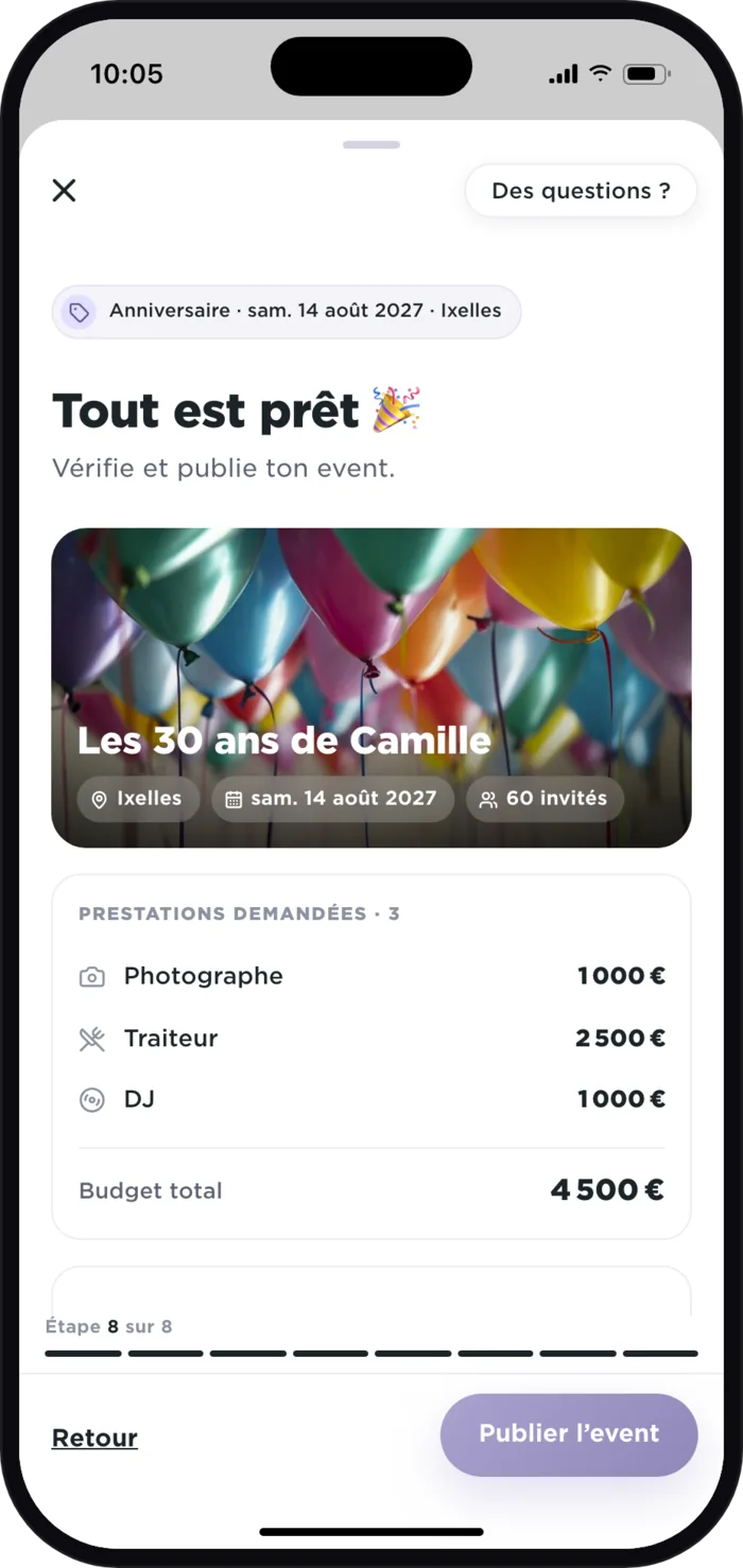 Offres reçues dans l’app Plaany pour « Les 30 ans de Camille » : Nora Beats 780 €, meilleur prix, et DJ Marco 950 €, mieux noté