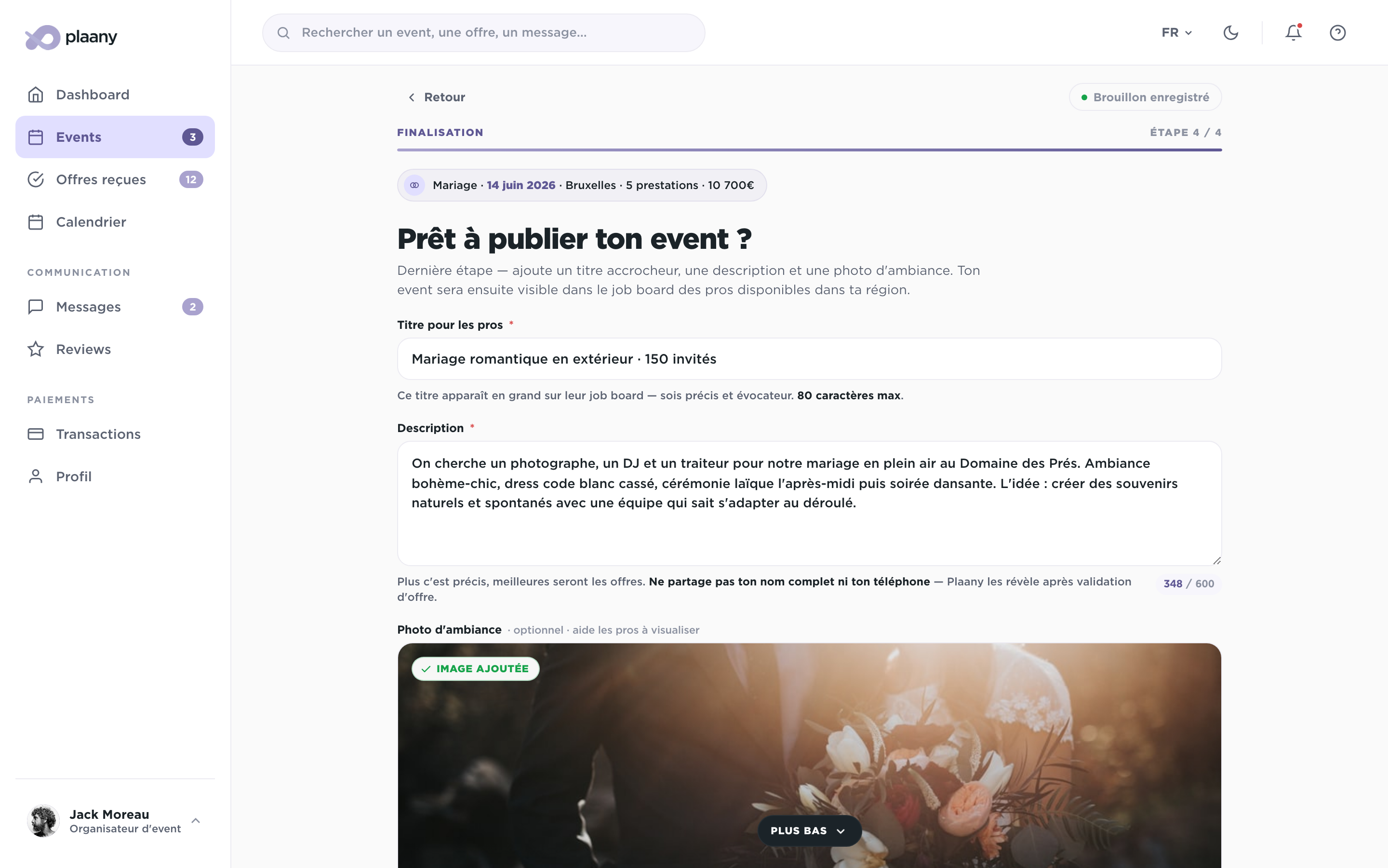Finalisation de la création d'un event