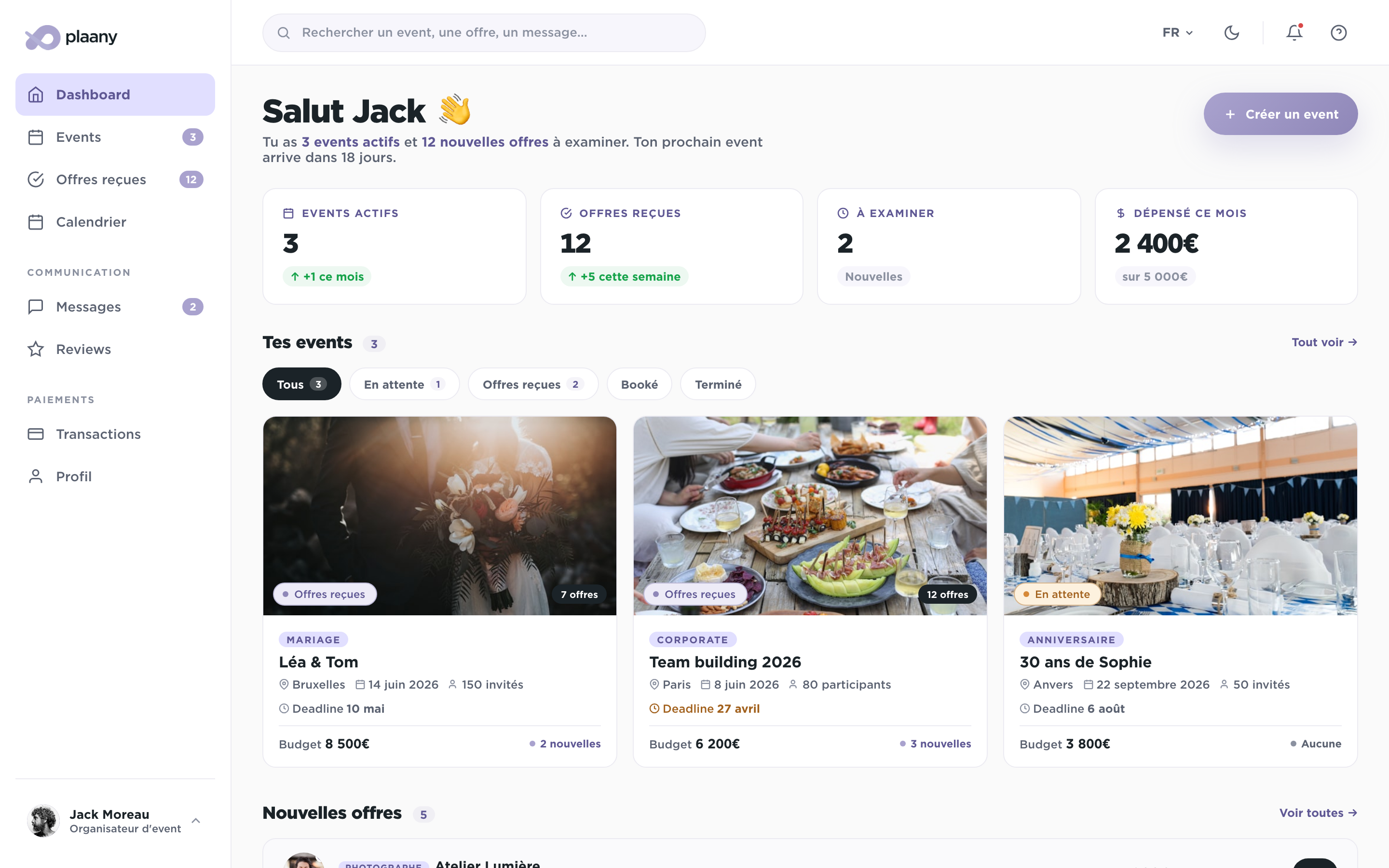 Dashboard organisateur Plaany — mariage Léa & Tom avec 7 offres reçues