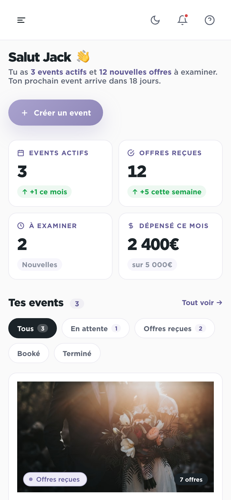 Dashboard organisateur Plaany — version mobile