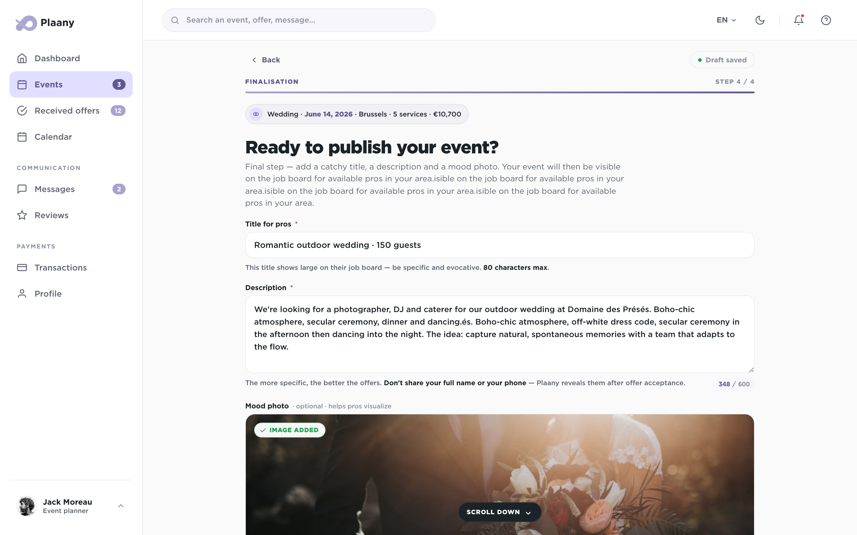 Finalizing event creation