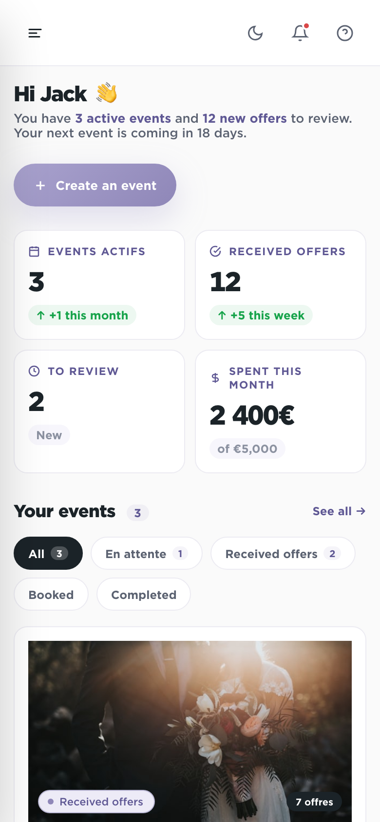Plaany planner dashboard, mobile version