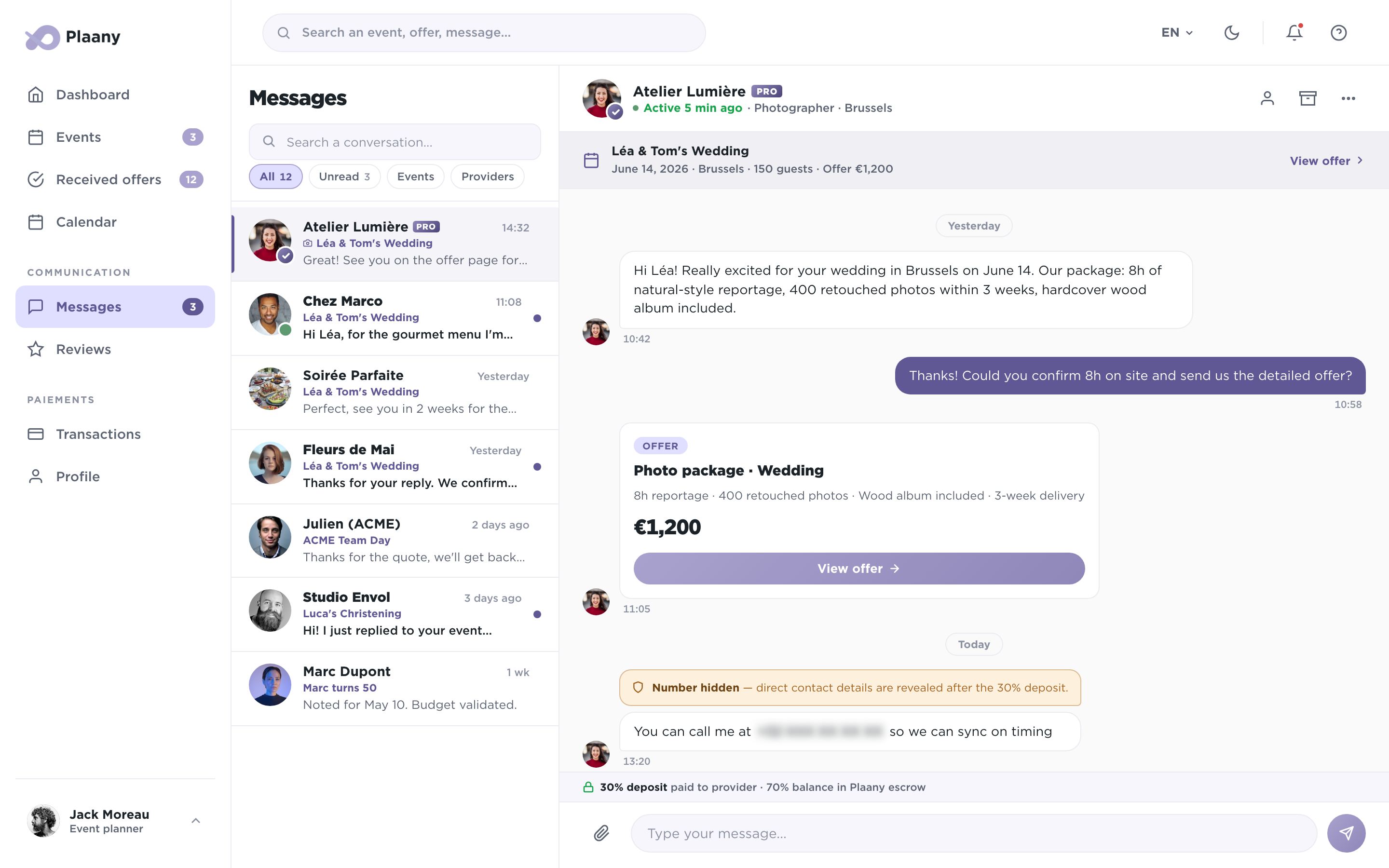Real-time messaging between planner and provider