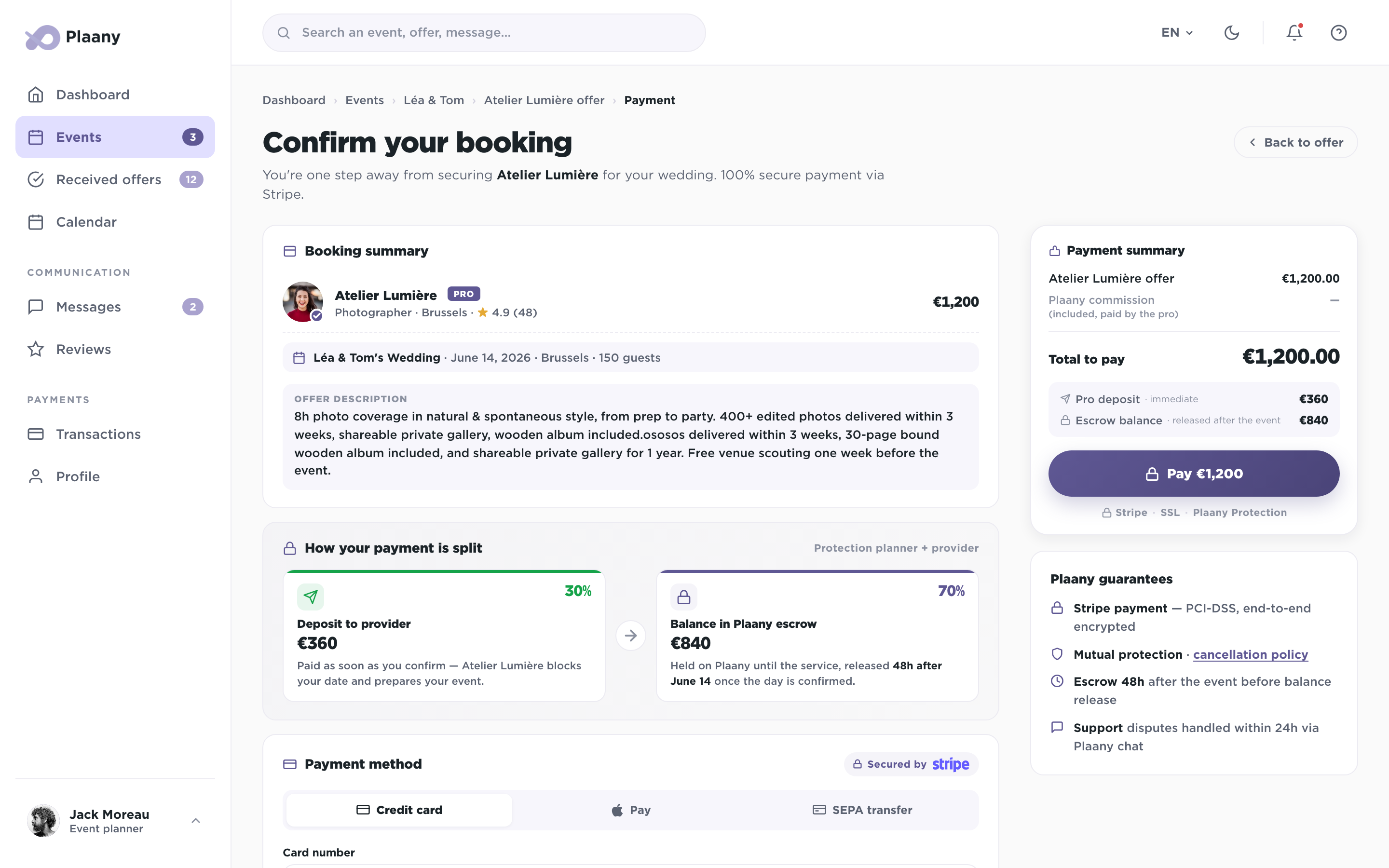 Secure payment screen with Stripe escrow