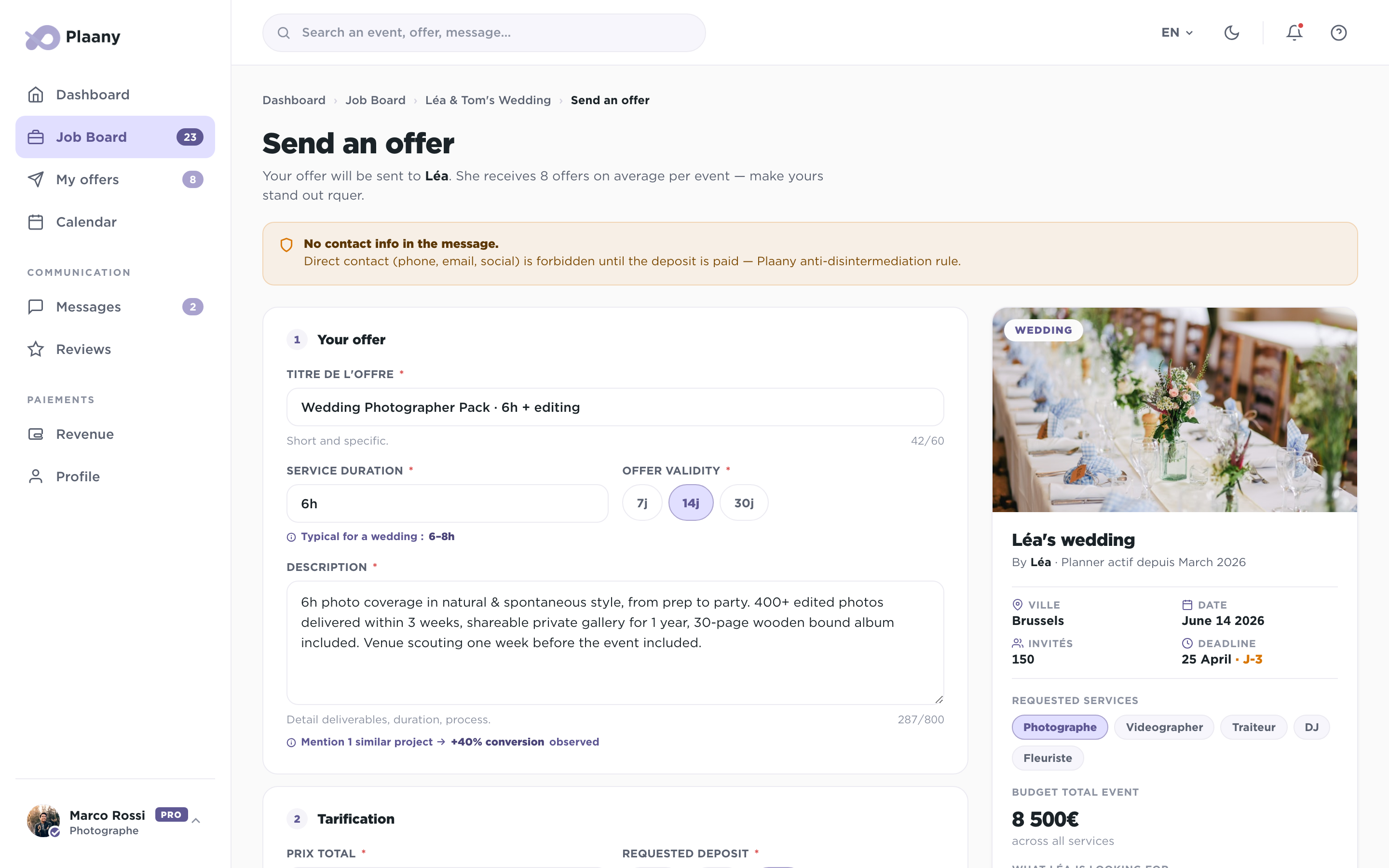 Guided form to send an offer