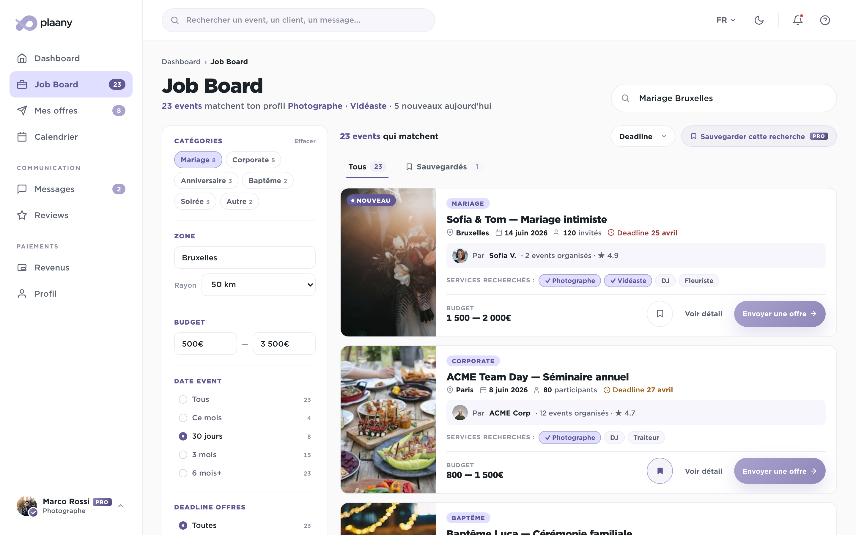 Job board prestataire avec filtres et events disponibles