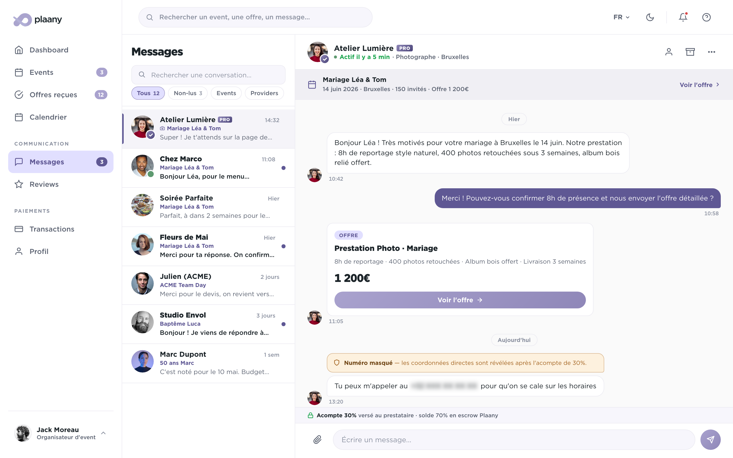 Messagerie en temps réel entre organisateur et prestataire