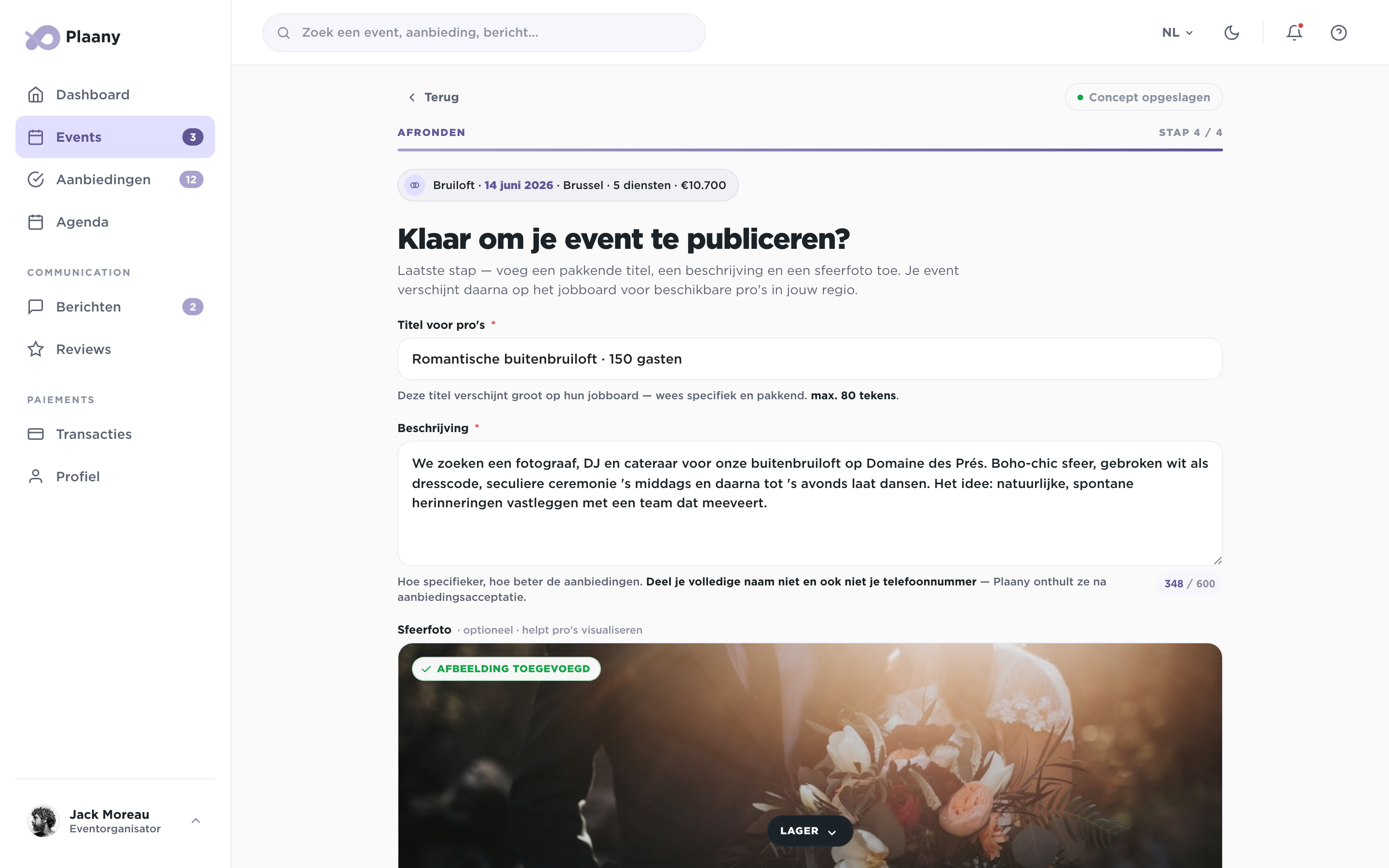 Afronding van het aanmaken van een event