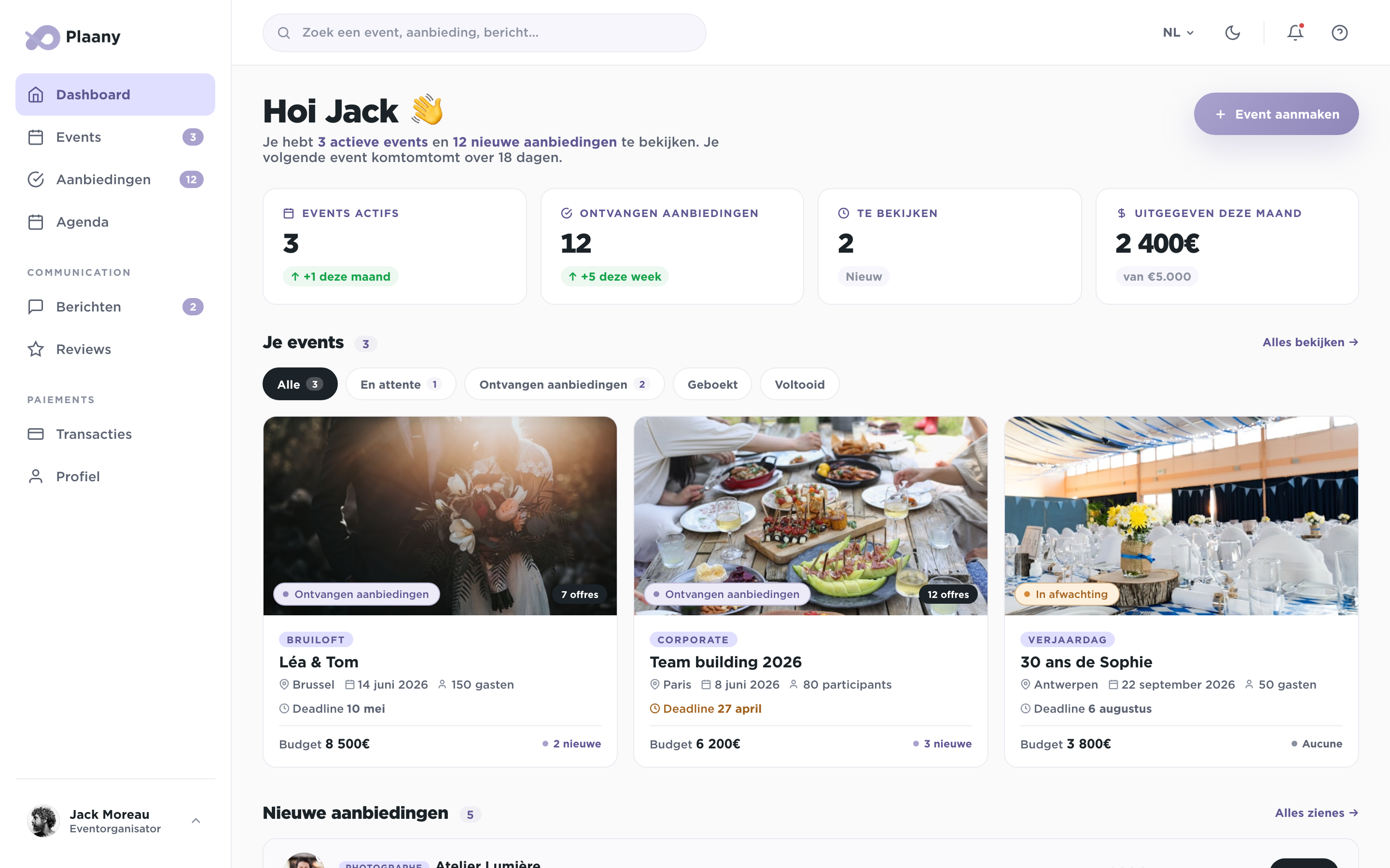 Organisator dashboard met events en ontvangen aanbiedingen