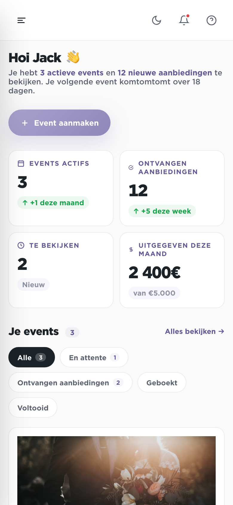 Plaany organisator dashboard, mobiele versie