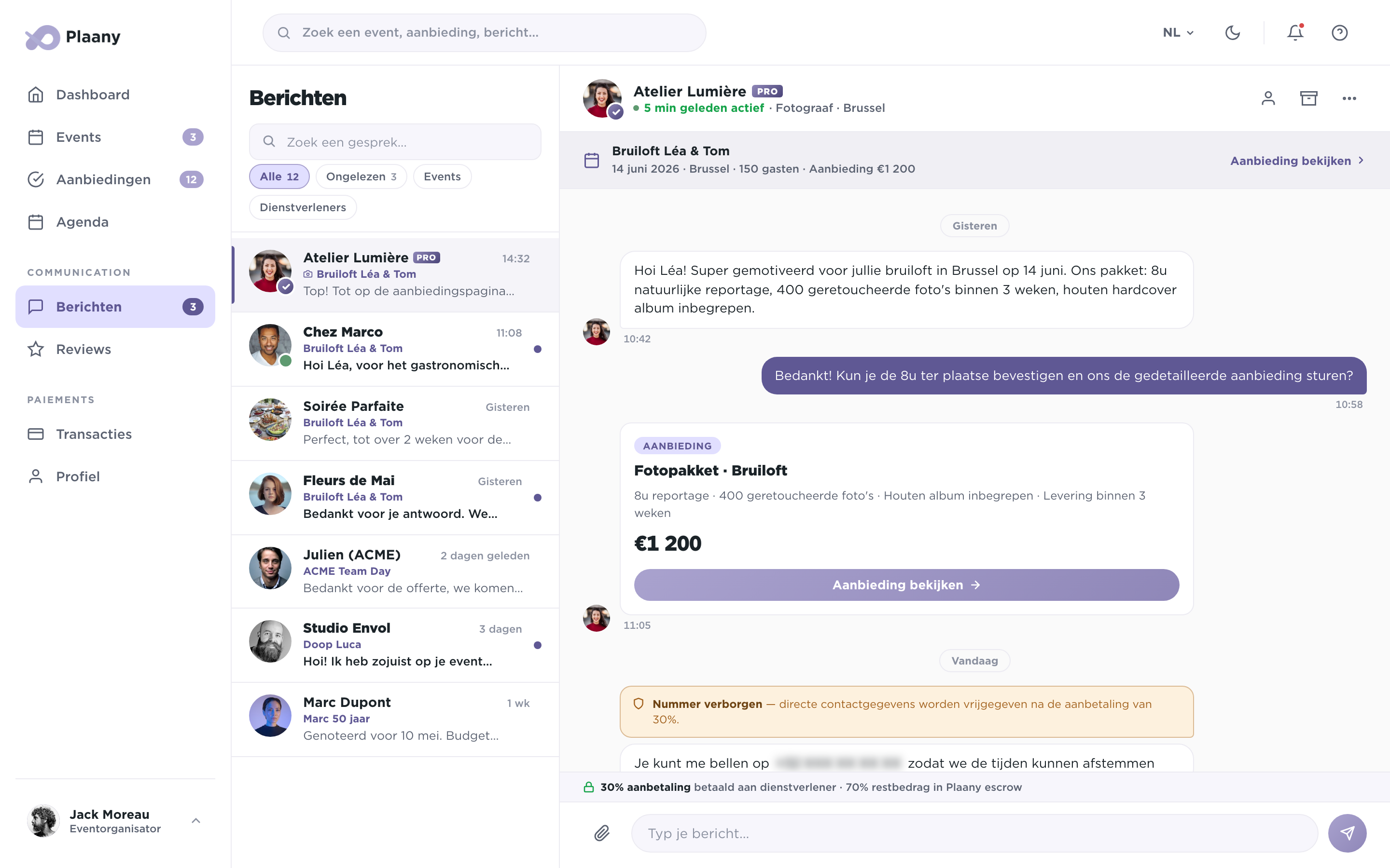 Realtime messaging tussen organisator en dienstverlener