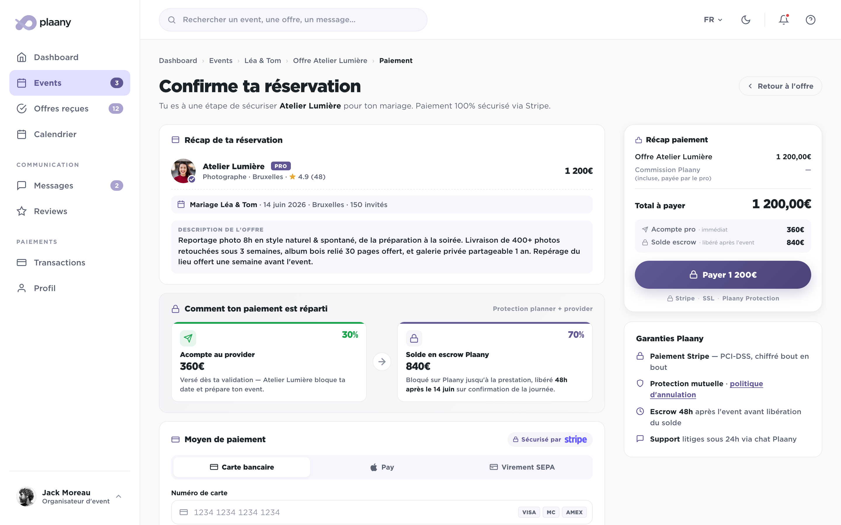 Écran de paiement sécurisé avec escrow Stripe