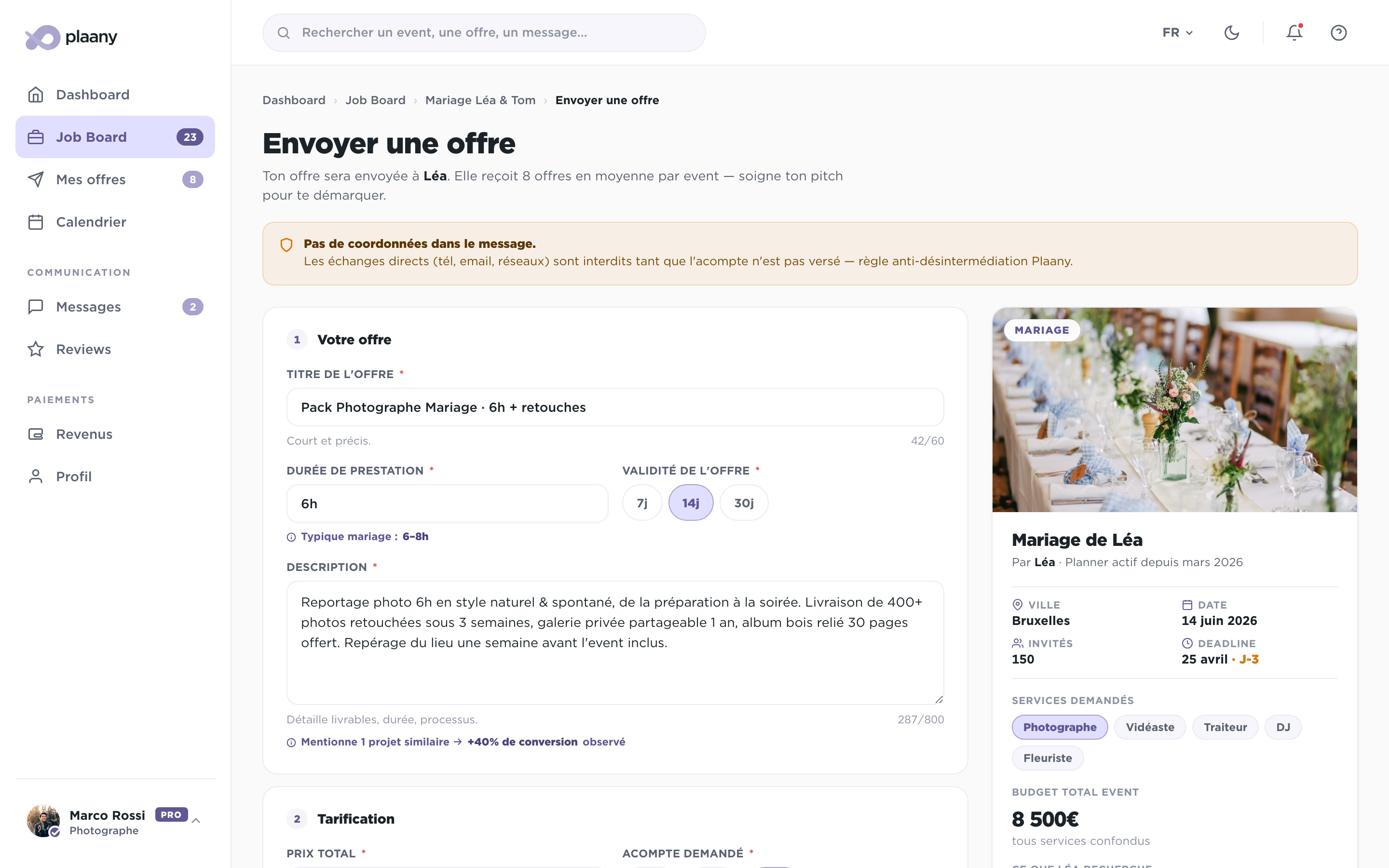 Formulaire guidé pour envoyer une offre